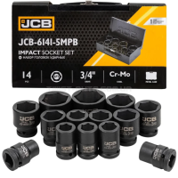 Набір головок ударних в металевому кейсі 14 од. 3/4'' (6-гр.) (17-50 мм) JCB Tools JCB-6141-5MPB Набір головок ударних в металевому кейсі 14 од. 3/4'' (6-гр.) (17-50 мм) JCB Tools JCB-6141-5MPB