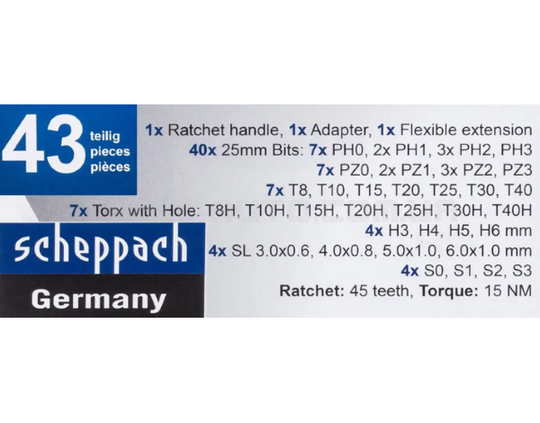 Викрутка-тріскачка з набором біт 43 пр. Scheppach SCH-30311126