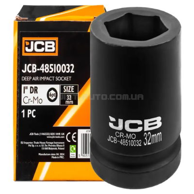Головка торцева ударна глибока 1" 32 мм (6-гр.) JCB Tools JCB-48510032 Головка торцева ударна глибока 1" 32 мм (6-гр.) JCB Tools JCB-48510032
