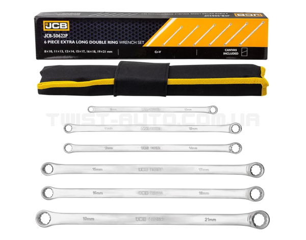 Набір накидних прямих подовжених ключів 6 пр. в чохлі (8-21 мм) JCB Tools JCB-50622P Набір накидних прямих подовжених ключів 6 пр. в чохлі (8-21 мм) JCB Tools JCB-50622P