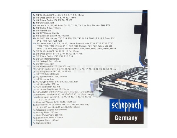Набір інструментів 180 пр. 1/4", 3/8", 1/2" Scheppach SCH-41802-5 Набір інструментів 180 пр. 1/4", 3/8", 1/2" Scheppach SCH-41802-5