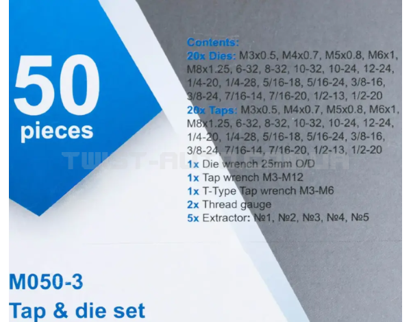 Набір метричних/дюймових мітчиків та плашок 50 пр.(М3-М8) в металевому кейсі Scheppach SCH-M050-3 Набір метричних/дюймових мітчиків та плашок 50 пр.(М3-М8) в металевому кейсі Scheppach SCH-M050-3
