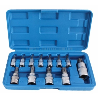 Набір біт TORX з отвором T8–T70, запресованих у головки 1/4", 3/8", 1/2", SATRA S-A13WT Набір біт TORX з отвором T8–T70, запресованих у головки 1/4", 3/8", 1/2", SATRA S-A13WT