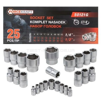 Набір головок в металевому кейсі 25 пр. 1/2'', 1/4'' (6-гр.) FORCEKRAFT FK-50121G Набір головок в металевому кейсі 25 пр. 1/2'', 1/4'' (6-гр.) FORCEKRAFT FK-50121G