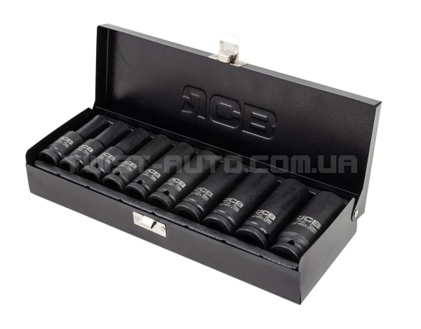 Набір головок ударних в металевому кейсі 10 од. 1/2'' (12-гр.) (10-24 мм) JCB Tools JCB-4107-9MPB Набір головок ударних в металевому кейсі 10 од. 1/2'' (12-гр.) (10-24 мм) JCB Tools JCB-4107-9MPB