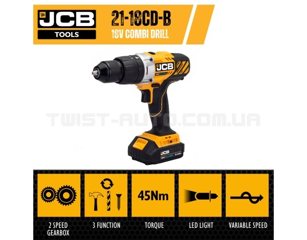 Акумуляторний дриль-шуруповерт з комлектом JCB Tools JCB-18CD-2XB-E