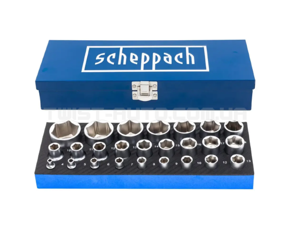 Набір головок в металевому кейсі 25 пр. 1/2'', 1/4'' (6-гр.) Scheppach SCH-50121G Набір головок в металевому кейсі 25 пр. 1/2'', 1/4'' (6-гр.) Scheppach SCH-50121G