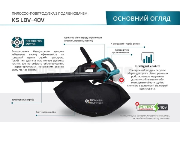 Садовий акумуляторний пилосос-повітродувка KS LBV-40V