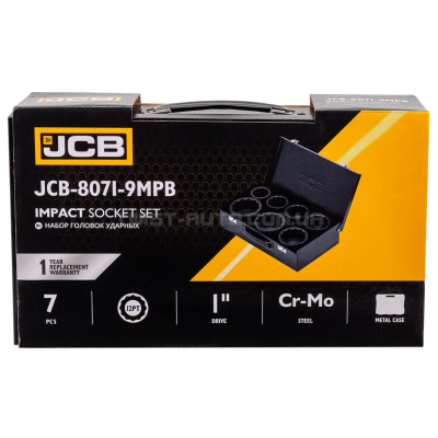 Набір головок ударних в металевому кейсі 7 од. 1'' (12-гр.) (46-75 мм) JCB Tools JCB-8071-9MPB Набір головок ударних в металевому кейсі 7 од. 1'' (12-гр.) (46-75 мм) JCB Tools JCB-8071-9MPB