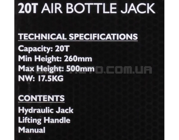 Домкрат пневматично-гідравлічний пляшкового типу 20т JCB Tools JCB-TQ20007 Домкрат пневматично-гідравлічний пляшкового типу 20т JCB Tools JCB-TQ20007