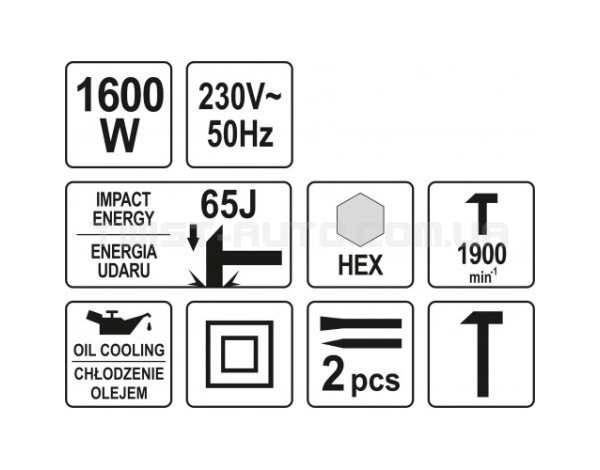 Відбійний електромережний молоток : 230V, 1600 Вт, F= 65 Дж з масляним охолодженням; + 2 піки YATO YT-82001
