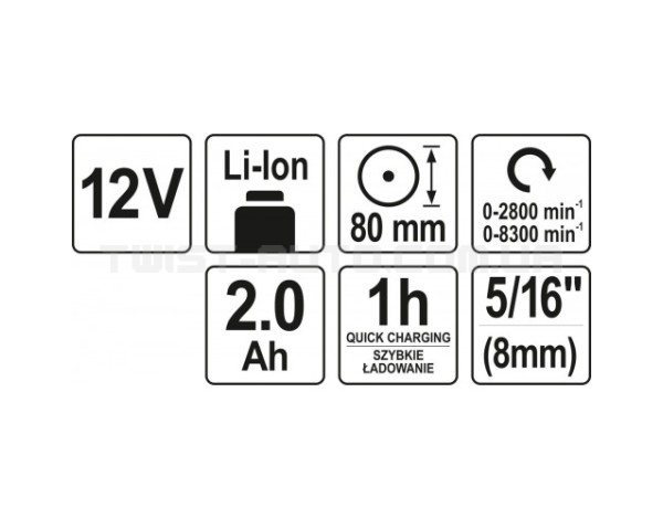 Акумуляторна полірувальна машина YATO : Li-Ion 12 В, 2 А/год, 2 режими, диск Ø= 80 мм YT-82903