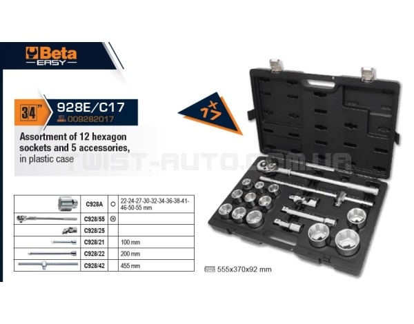 Набор головок 3/4" 17 ед. 6-ти гранные (22-55мм) с трещоткой 928E/C17 | 009282017