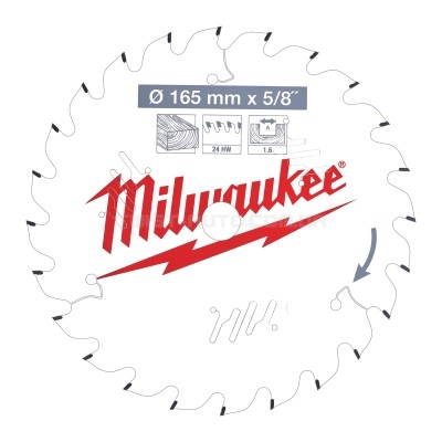 Диск пиляльний PFTE THIN KERF MILWAUKEE, O165х5/8"х1,6мм, 24 зуб. MILWAUKEE ACC 4932471311