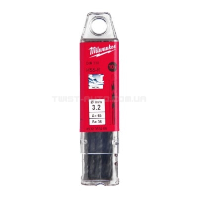 Свердло по металу HSS-R MILWAUKEE DIN338, діаметр 3,2 мм, (10шт) MILWAUKEE ACC 4932363466