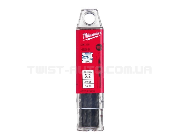 Свердло по металу HSS-R MILWAUKEE DIN338, діаметр 3,2 мм, (10шт)