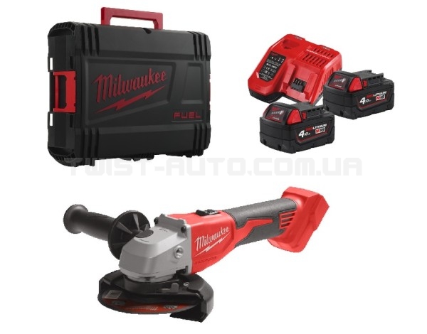 Кутова шліфувальна машина акумуляторна MILWAUKEE, M18 BLSAG125X-402X, діаметр 125 мм (+ заряд.пристрій, 2 акум., HD кейс)