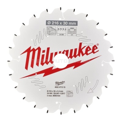 Диск пиляльний PFTE MILWAUKEE, O216х30х2,4мм, 24 зуб. MILWAUKEE ACC 4932471315