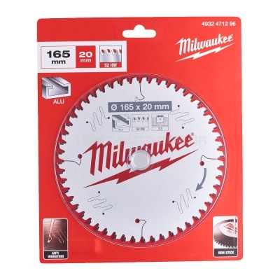 Диск пиляльний Alu PFTE MILWAUKEE, діам.165х20х2,2мм, 52 зуб. MILWAUKEE ACC 4932471296