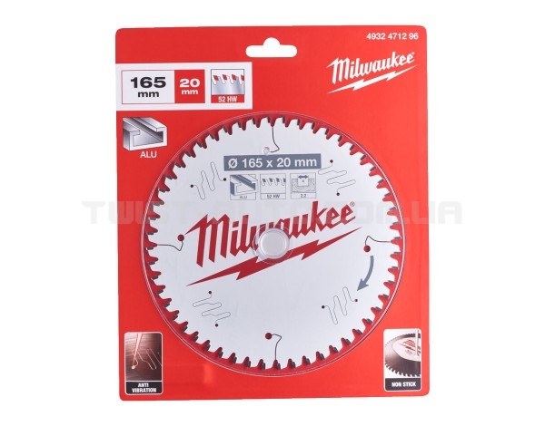 Диск пиляльний Alu PFTE MILWAUKEE, діам.165х20х2,2мм, 52 зуб.