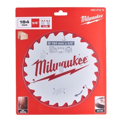 Диск пиляльний PFTE MILWAUKEE, O184х5/8"х1,6мм, 24 зуб. MILWAUKEE ACC 4932471378