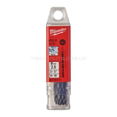 Свердло по металу HSS-R MILWAUKEE DIN338, діаметр 2,5 мм, (10шт) MILWAUKEE ACC 4932363459