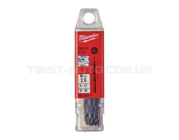 Свердло по металу HSS-R MILWAUKEE DIN338, діаметр 2,5 мм, (10шт)