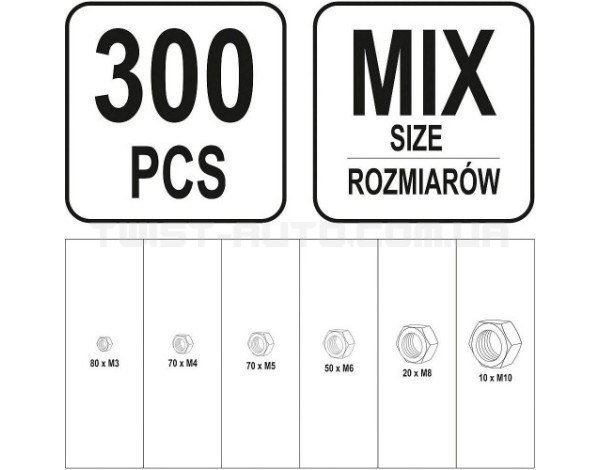 Гайки метричні М3-М10 мм, набір 300 шт. YATO YT-06772