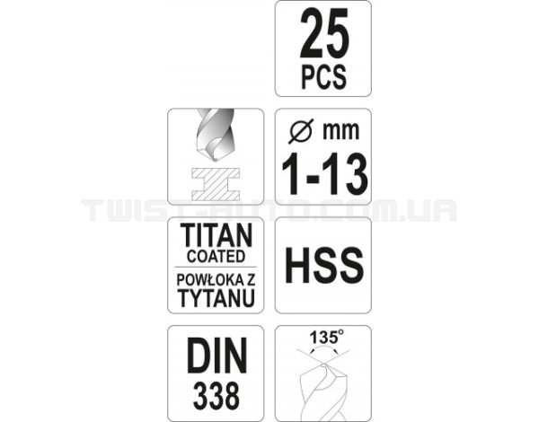 Набір свердел по металу HSS-TiN 25 шт. 1-13мм