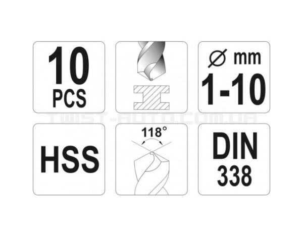 Набір свердел по металу HSS 10 шт., діаметр: 1,2, 3, 4, 5, 6, 7, 8, 9, 10мм
