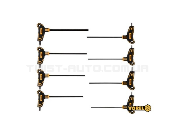 Набір ключів шестигранних VOREL: тип "Т", HEX 2.5-10 мм, L= 100-200 мм, Cr-V 6150, 8 шт - 56649