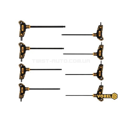 Набір ключів шестигранних з кульковим наконечником VOREL: тип "Т", HEX 2.5-10 мм, L=100-200 мм, 8 шт - 56629