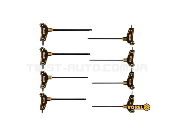 Набір ключів шестигранних з кульковим наконечником VOREL: тип "Т", HEX 2.5-10 мм, L=100-200 мм, 8 шт - 56629