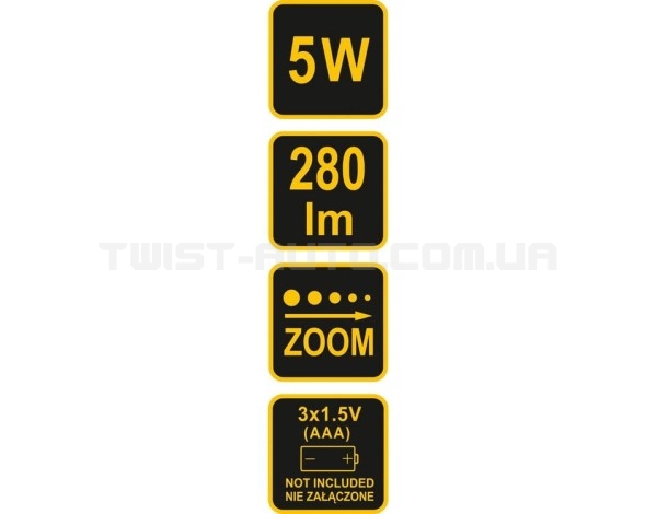 Ліхтар CREE XP-E світлодіодний VOREL; 5 Вт, 3 режими, 280 lm, живлення-3 ААА батар, Ø= 40мм l= 135мм - 88555