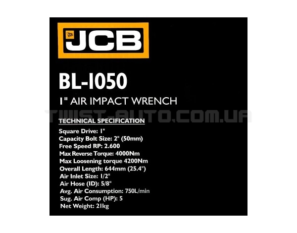Гайковерт пневматичний 1" 4000 Нм JCB Tools JCB-BL-1050 Гайковерт пневматичний 1" 4000 Нм JCB Tools JCB-BL-1050