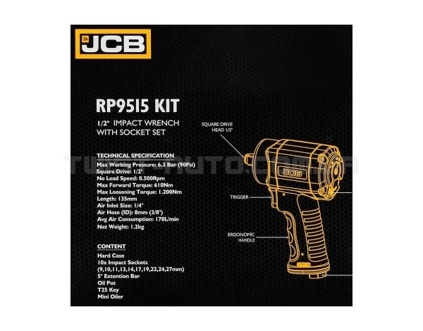 Гайковерт пневматичний ударинй 1/2" (з комплектом головок) JCB Tools JCB-RP9515 KIT Гайковерт пневматичний ударинй 1/2" (з комплектом головок) JCB Tools JCB-RP9515 KIT