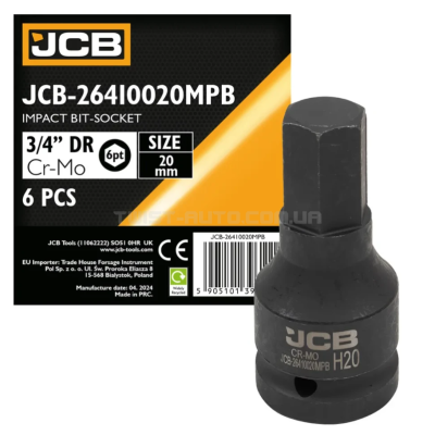 Головка-біта ударна HEX 3/4" 20 мм JCB Tools JCB-26410020MPB Головка-біта ударна HEX 3/4" 20 мм JCB Tools JCB-26410020MPB