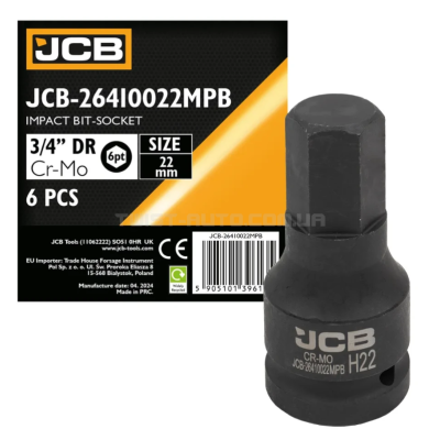 Головка-біта ударна HEX 3/4" 22 мм JCB Tools JCB-26410022MPB Головка-біта ударна HEX 3/4" 22 мм JCB Tools JCB-26410022MPB