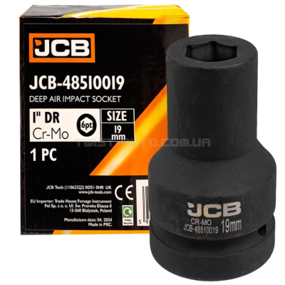 Головка ударна глибока 1" 19 мм (6-гранна) JCB Tools JCB-48510019 Головка ударна глибока 1" 19 мм (6-гранна) JCB Tools JCB-48510019