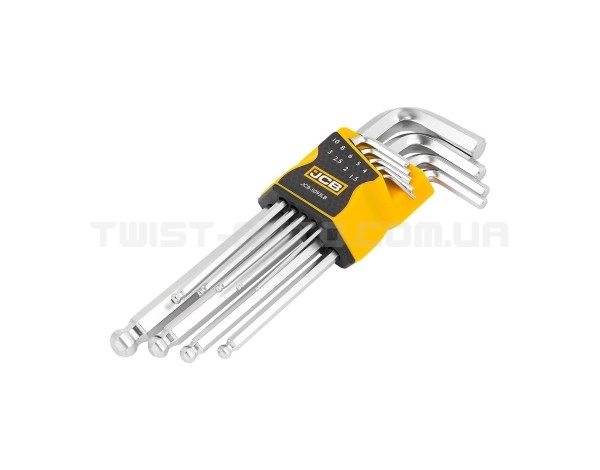 Набір Г-подіб. ключів довгих з кулею HEX 9 од. (1,5 мм-10 мм) JCB Tools JCB-5093LB Набір Г-подіб. ключів довгих з кулею HEX 9 од. (1,5 мм-10 мм) JCB Tools JCB-5093LB