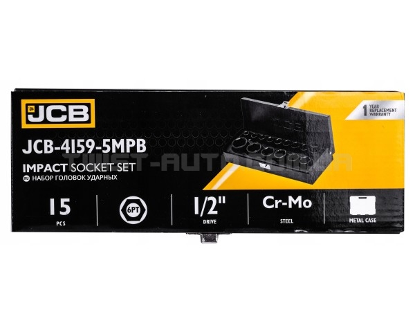Набір головок ударних 15 од. 1/2" (6-гр.) JCB Tools JCB-4159-5MPB Набір головок ударних 15 од. 1/2" (6-гр.) JCB Tools JCB-4159-5MPB