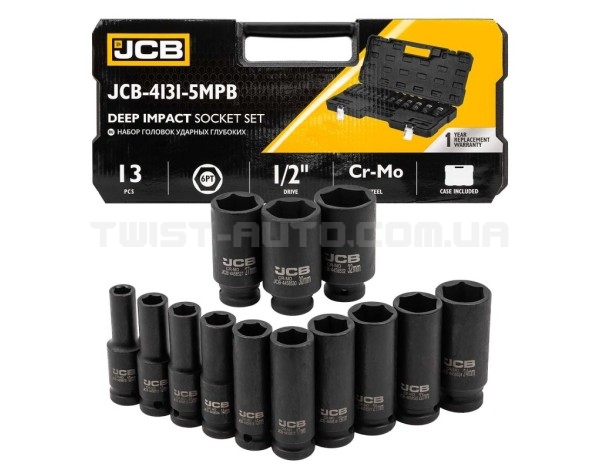 Набір головок ударних глибоких 13 од. 1/2" (6-гр.) JCB Tools JCB-4131-5MPB Набір головок ударних глибоких 13 од. 1/2" (6-гр.) JCB Tools JCB-4131-5MPB