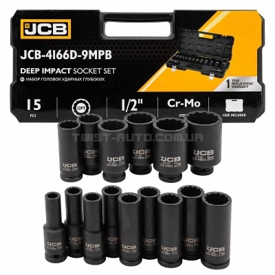 Набір головок ударних глибоких 15 од. 1/2" (12-гр.) JCB Tools JCB-4166D-9MPB Набір головок ударних глибоких 15 од. 1/2" (12-гр.) JCB Tools JCB-4166D-9MPB