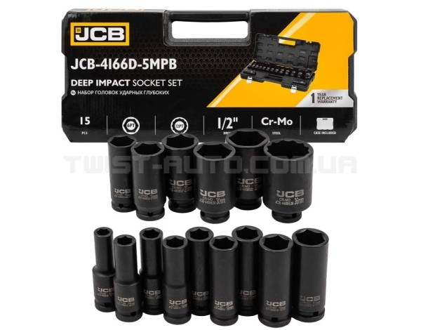 Набір головок ударних глибоких 15 од. 1/2" (6-гр.) JCB Tools JCB-4166D-5MPB Набір головок ударних глибоких 15 од. 1/2" (6-гр.) JCB Tools JCB-4166D-5MPB