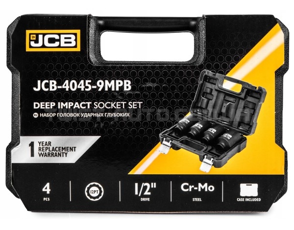Набір головок ударних глибоких 4 од. 1/2" (12-гр.) (34, 36, 38, 41 мм) JCB Tools JCB-4045-9MPB Набір головок ударних глибоких 4 од. 1/2" (12-гр.) (34, 36, 38, 41 мм) JCB Tools JCB-4045-9MPB