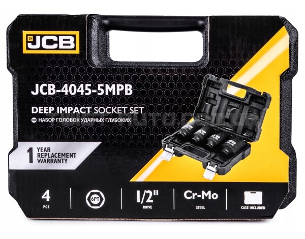 Набір головок ударних глибоких 4 од. 1/2" (6-гр.) (34, 36, 38, 41 мм) JCB Tools JCB-4045-5MPB Набір головок ударних глибоких 4 од. 1/2" (6-гр.) (34, 36, 38, 41 мм) JCB Tools JCB-4045-5MPB