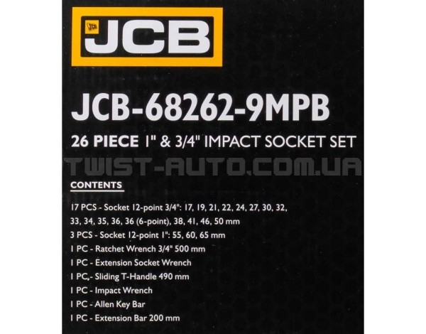 Набір інструментів ударних 26 од. 3/4", 1" (12гр.) JCB Tools JCB-68262-9MPB Набір інструментів ударних 26 од. 3/4", 1" (12гр.) JCB Tools JCB-68262-9MPB