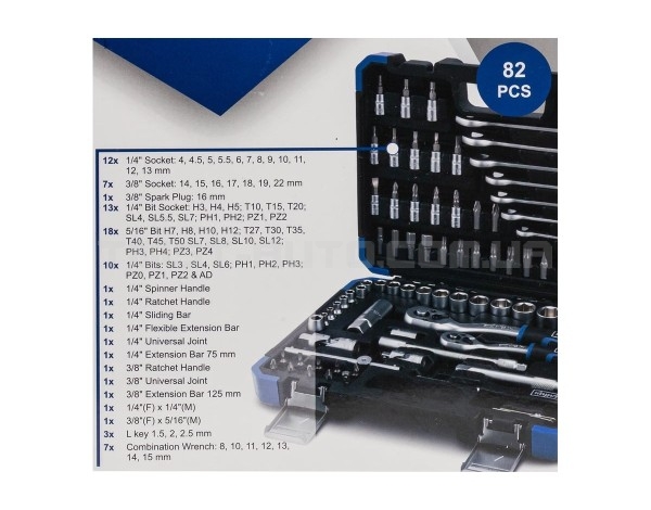 Набір інструменту комбінований 82 пр. 1/4", 3/8" (6-гр.) (4-22 мм) Scheppach SCH-4821-5DS Набір інструменту комбінований 82 пр. 1/4", 3/8" (6-гр.) (4-22 мм) Scheppach SCH-4821-5DS