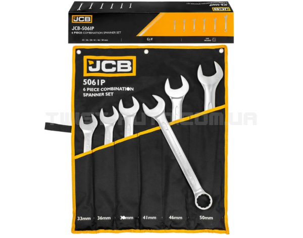 Набір ключів рожково-накидних в чохлі 6 од. (33-50 мм) JCB Tools JCB-5061P Набір ключів рожково-накидних в чохлі 6 од. (33-50 мм) JCB Tools JCB-5061P