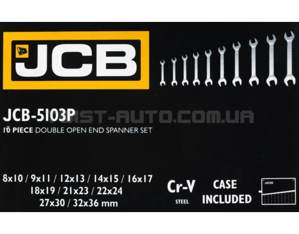 Набір рожкових ключів в чохлі 10 од. (8-36 мм) JCB Tools JCB-5103P Набір рожкових ключів в чохлі 10 од. (8-36 мм) JCB Tools JCB-5103P